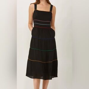 Ecru Elegant Black Midi Dress with Vibrant Stripes- Size 6